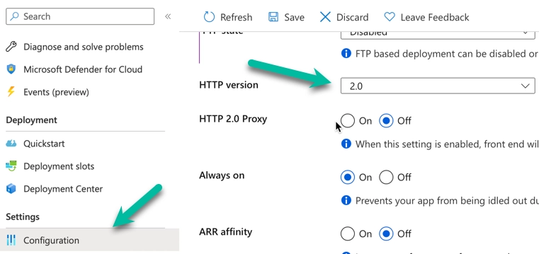 configure azure for http/2.0